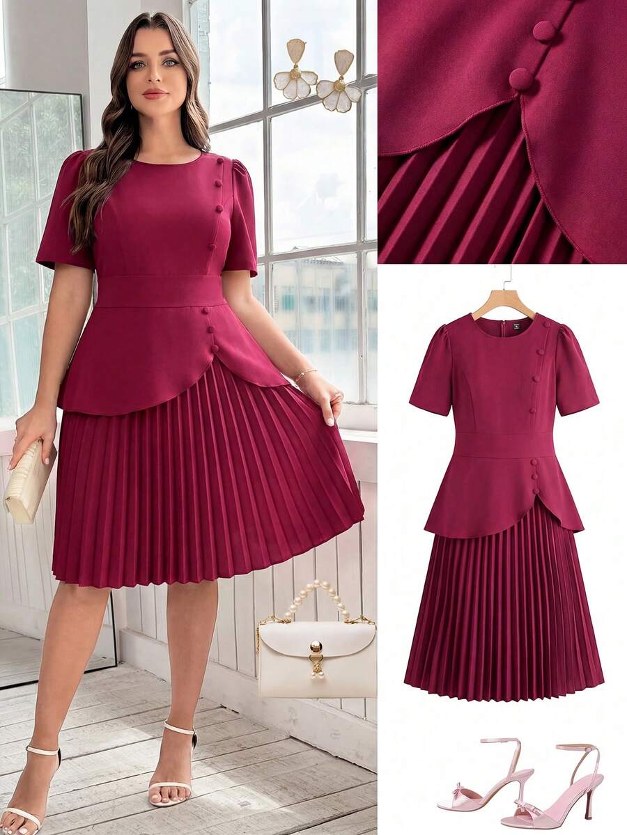 Gownix 大码纯色不对称设计金属扣装饰优雅OL褶皱连衣裙，玫瑰红短袖连衣裙