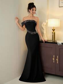 Poshira Women's Elegant Off-Shoulder Pearl Embellished Cocktail Party Dress - Black - View 8