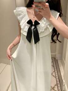 DAZY Romantic Contrast Color Bow Layered Ruffle Collar Sleeveless Long Women Nightgown - White - View 4
