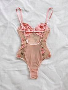 SHEIN WYWH Women's Floral Embroidered Mesh Lace-Up Camisole Bodysuit - Pink - View 2
