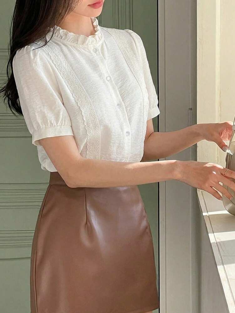 Elegant Stand Collar Petal Sleeve Women Blouse Summer