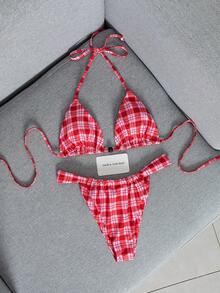 Swim Mod Spring/Summer Beach Pink Plaid Halter Bikini 2 Pieces Set - Multicolor - View 6