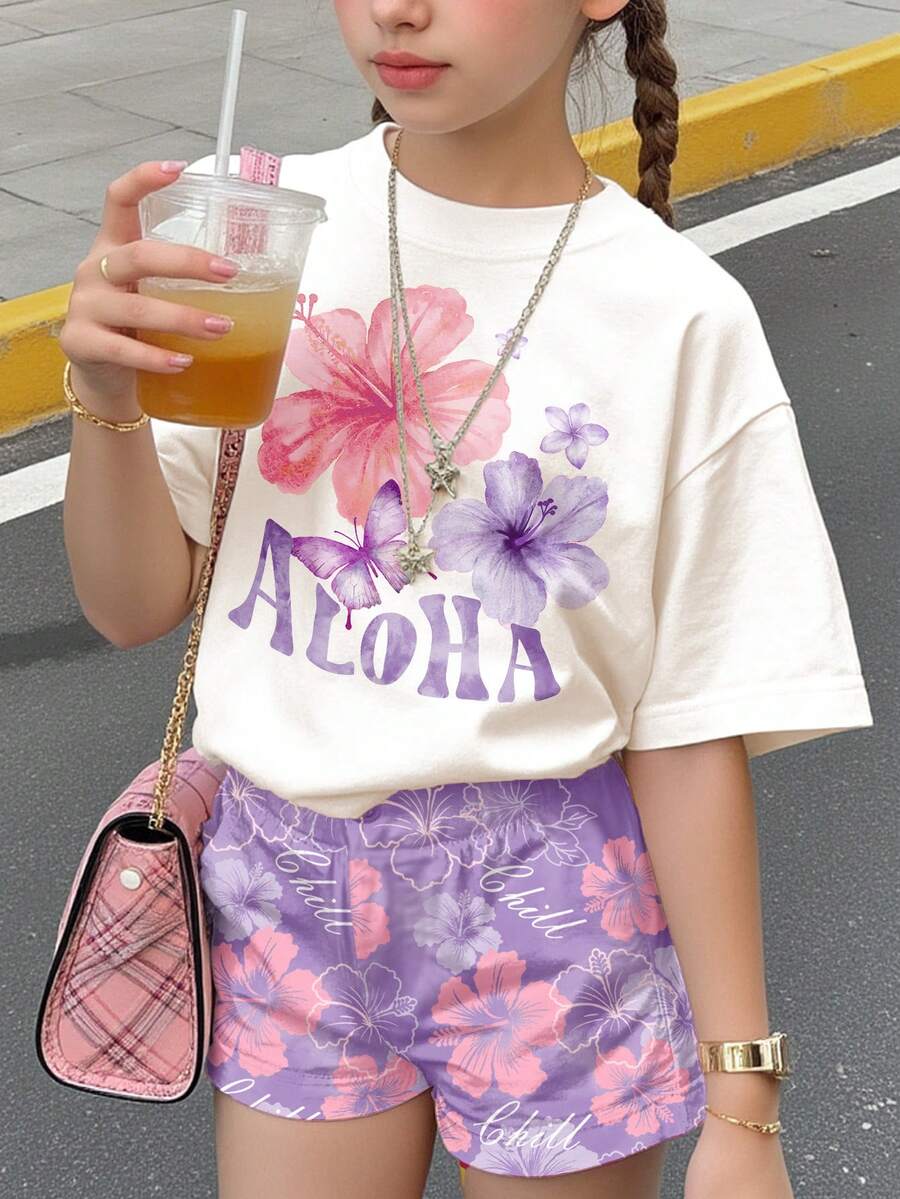 亮粉色,时尚休闲沙滩热带芙蓉花印花,夏威夷度假风,少女舒适宽松圆领短袖T恤和短裤两件套,适合春夏日常、外出、度假、校园、户外活动等场合,轻松舒适,时尚少女套装,休闲装,儿童热带花卉图案T恤套装,春夏套装,女童套装,新款式,轻松休闲,春日氛围,轻松夏日假期 - 彩色 - 查看 1