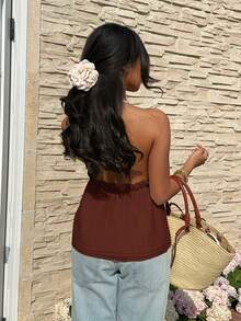 Serisse Women's Solid Color Frill Trim Halter Neck Tank Top - Brown - View 2