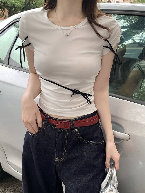 DAZY 女士圆领撞色蝴蝶结短袖T恤 夏季