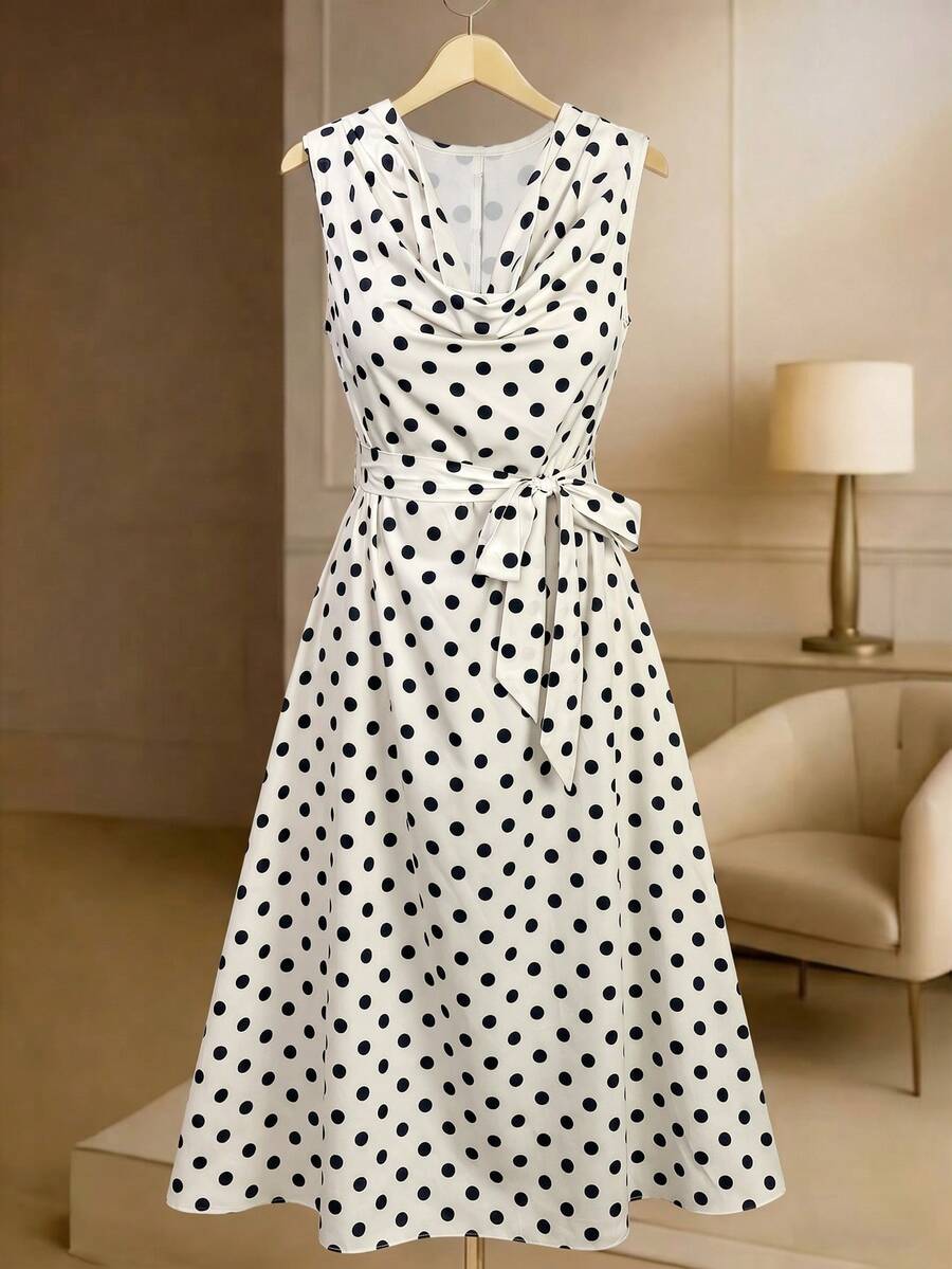GlowEve CURVE Đầm maxi không tay dáng bohemian thanh lịch, cổ xếp ly, họa tiết chấm bi dành cho nữ cỡ lớn, thích hợp đi làm, mặc hàng ngày và đi nghỉ mát, mùa xuân/hè. - Màu be - Xem 1