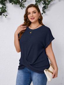 SHEIN Clasi Plus Size Summer Minimalist Solid Color Textured Batwing Sleeve T-Shirt - Navy Blue - View 4