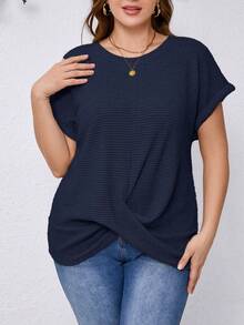 SHEIN Clasi Plus Size Summer Minimalist Solid Color Textured Batwing Sleeve T-Shirt - Navy Blue - View 8
