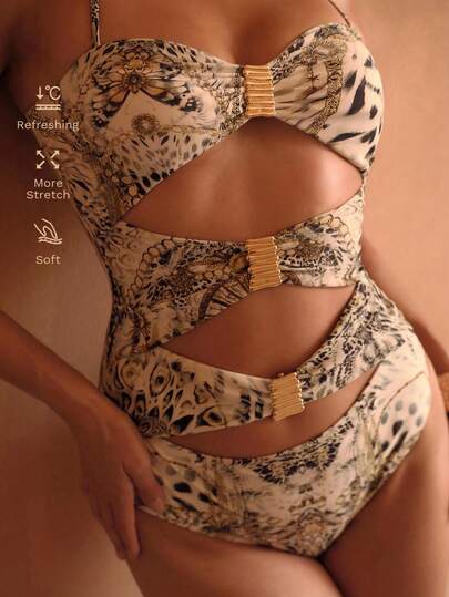 MOTF PREMIUM MULTICOLOR ANIMAL LEOPARD PRINT TEXTURED FRONT & CENTER METALLIC DECOR LUXURY VACATION ONE-PIECE SWIMSUIT
