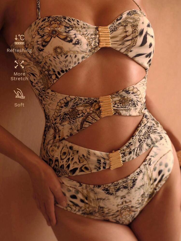 MULTICOLOR ANIMAL LEOPARD PRINT TEXTURED FRONT & CENTER METALLIC DECOR LUXURY VACATION ONE-PIECE SWIMSUIT BATHING SUITS FOR WOMEN ONE PIECE SWIMSUIT WOMEN