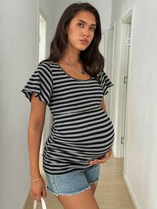 SHEIN Áo thun ngắn tay kẻ sọc dành cho bà bầu, cho con bú, thích hợp mặc hàng ngày, đa năng. - Đen và trắng - Xem 3