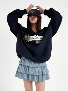 DAZY 女款牛仔效果印花裙附安全內褲校園風 - 藍色 - 查看 3