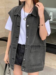 DAZY Women's Short Sleeve Front Button Loose Casual Denim Jacket For Summer - Grey - View 3