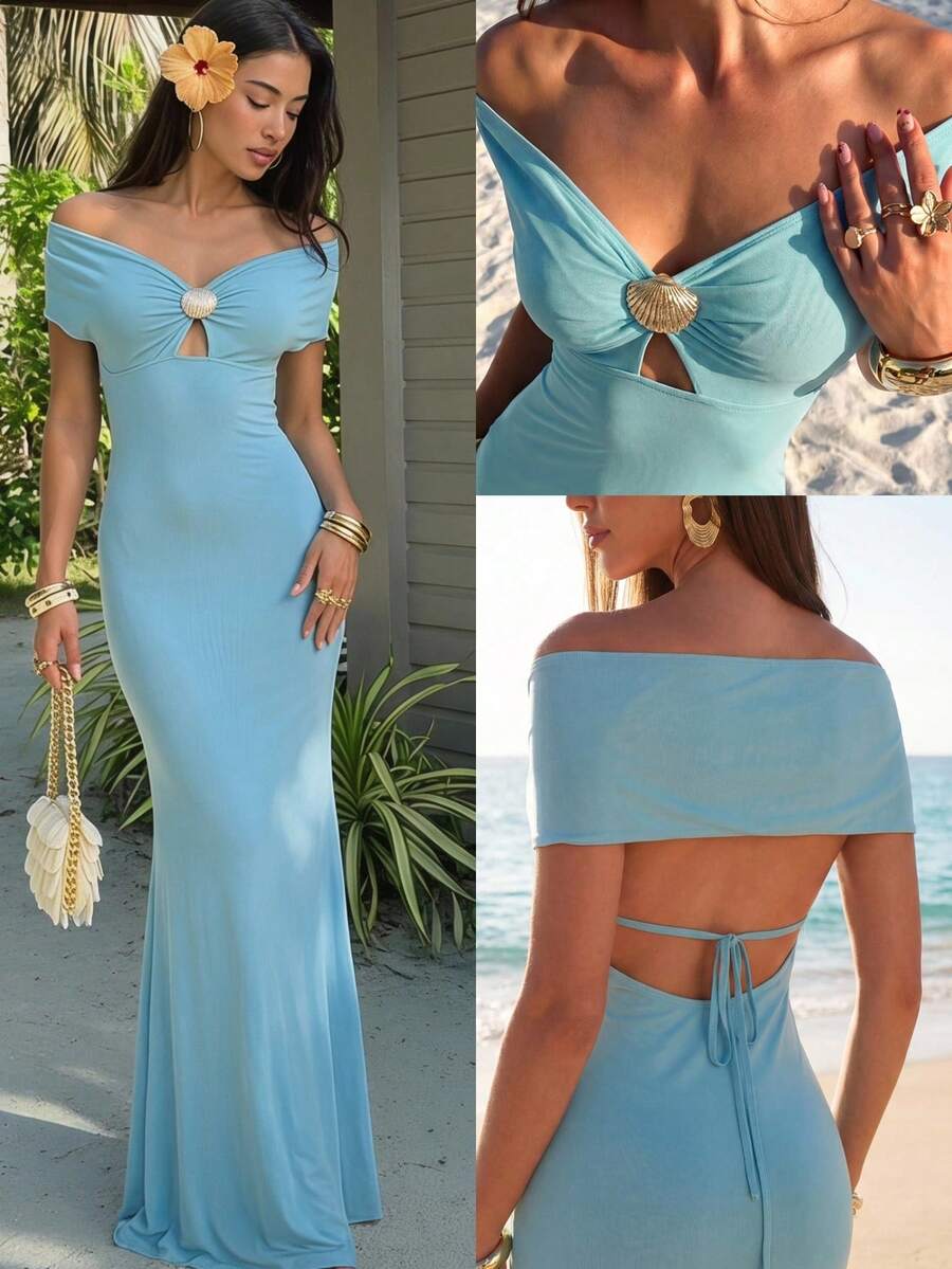 Firerie Women's Skyblue Summer Tropical Vacation Elegant Sexy Off-Shoulder Metal Shell Decor Backless Mesh Bodycon Flowing Dress For Party Beach - Mint Green - View 1