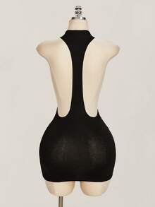 SHEIN ICON 2000 夏季女士外出黑色夜店哥特风露背纯色交叉露背休闲迷你连衣裙 - 黑色 - 查看 2