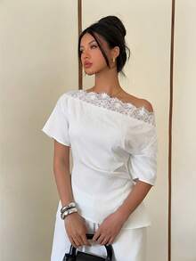 95% Cotton Asymmetrical Shoulder Lace Patchwork Top, White,Summer Top - White - View 8