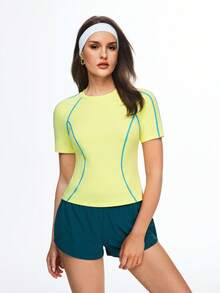 WanderVale Áo nữ tay ngắn màu xanh lá cây dáng ôm, thiết kế sọc tương phản, đa năng, phong cách thường ngày. - màu xanh lá - Xem 3