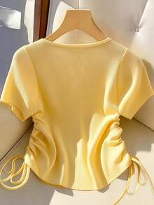 GlowEve CURVE Plus Size Elegant V-Neck Solid Color Ribbed Knit T-Shirt, Slimming Drawstring Waist Single-Breasted Design, Suitable For Daily Commute, Party, And Casual Wear - Yellow - View 2