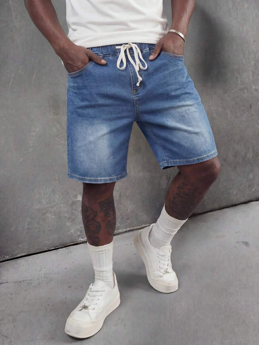 RHETRK Pantalones cortos de mezclilla holgados, informales, versátiles, con bolsillo con cordón para hombres de talla grande - Azul - Ver 1