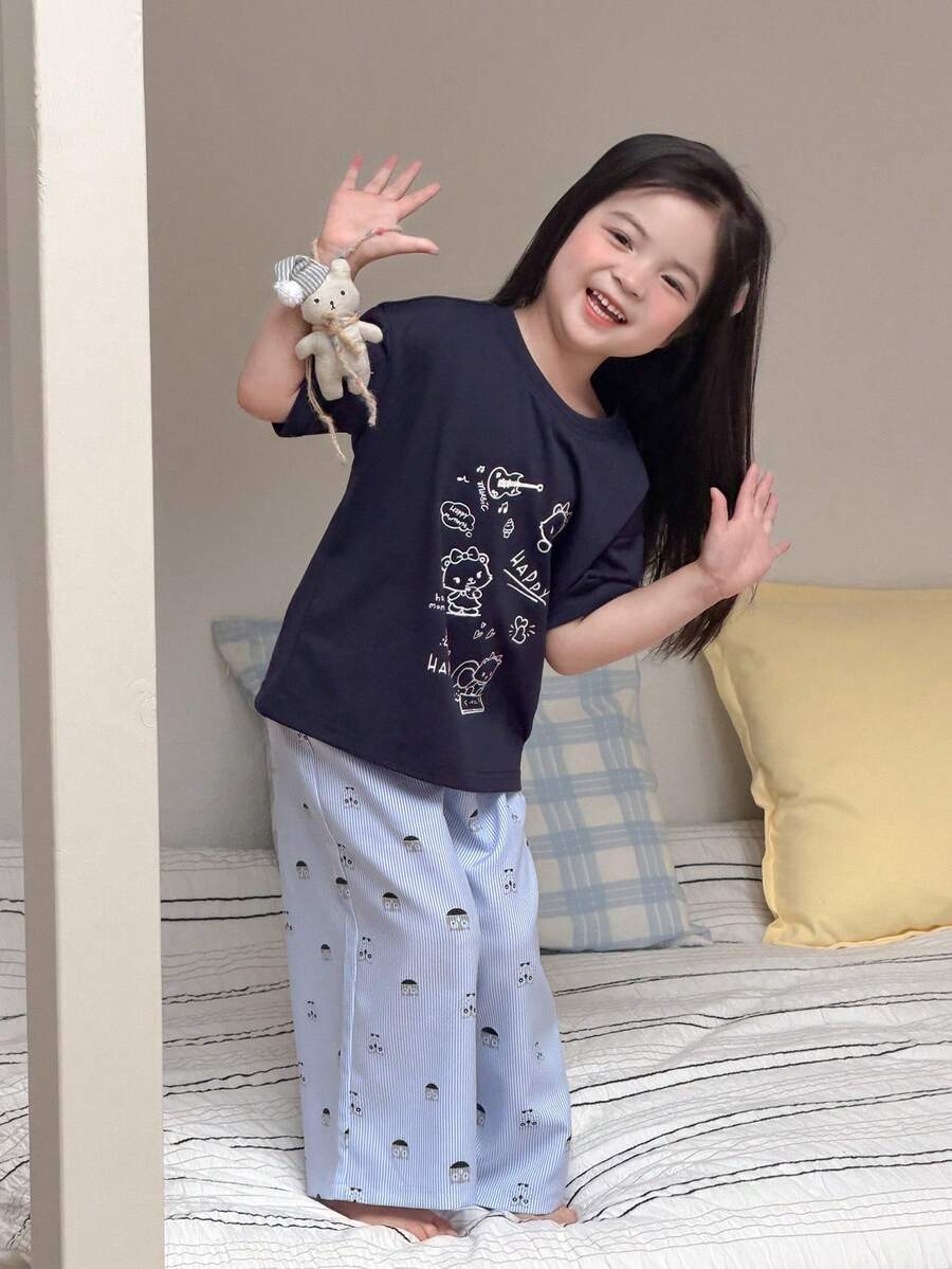 Dazy Kids Young Girl Cute Cartoon Print Short Sleeve T-Shirt And Striped Pants Pajama Set, Summer - Navy Blue - View 1