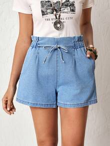 SHEIN LUNE Celana Pendek Denim Wanita dengan Tali Serut di Pinggang, Model Kerut, Kasual, Seksi, Serbaguna, untuk Pemakaian Sehari-hari, Cocok untuk Berenang, Warna Pastel, dan Musim Panas. - Biru - View 1