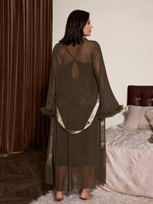 Slumberist Vintage Flocked Print Mesh Sheer Sexy Plus Size Camisole Nightgown + Tie-Waist Long Robe Set - Multicolor - View 2