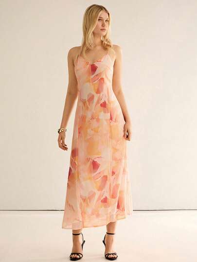 CielaLinda Women Printed Chiffon Maxi Dress V-Neck Vacation Dress