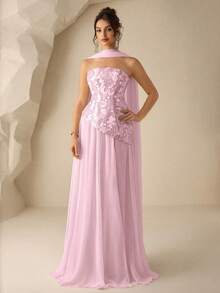 Coutiva Elegant Strapless 2 In 1 Dress,Backless Full Skirt High Slit Formal Evening Gown For Wedding Guest,Graduation,Birthday Party & Music Festivals - Pink - View 4