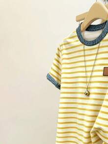 Camiseta de cuello redondo de manga corta acanalada y casual para mujer, de verano - Multicolor 2 - Ver 3