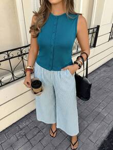 SHEIN Frenchy 大码女装时尚棕色条纹宽松长裤及棕色针织上衣套装，适合度假、通勤和日常休闲穿着。 - 藍色 - 查看 5