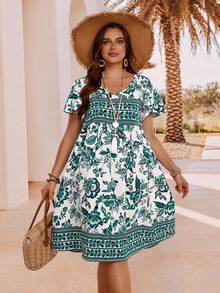 EMERY ROSE Vestido de manga corta con cuello en V y estampado floral para tallas grandes de verano - verde menta - Ver 4