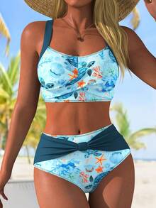Swim Lushoire Conjunto de bikini de 2 piezas de talle alto para mujer Swim Chiccia, traje de baño con estampado de tortuga marina y frente retorcido con tirantes anchos - Multicolor - Ver 7