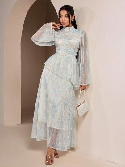 Veilorie Women's Botanical Print Long Sleeve Ruffle Hem Elegant Arabic Style Dress