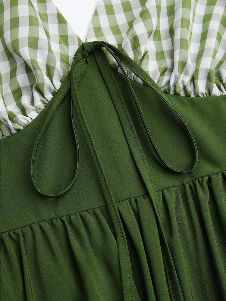 Sweetra Plus Size Plaid Print Halter Neck Backless Ruffle Hem Sleeveless Dress - Multicolor - View 8