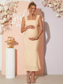 Loomaby Maternity Solid Color Fitted Square Neck Sleeveless Dress - Apricot - View 5