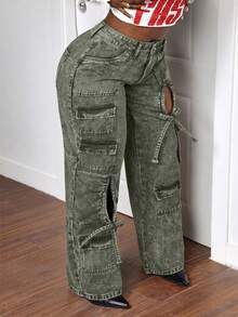 Slaydiva Plus Size Women Cargo Pocket Button Casual Versatile Daily Wear Wide Leg Jeans Brown Spring - Army Green - View 6