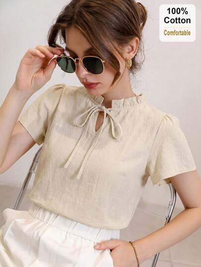Mulvari Áo kiểu Pháp thắt nơ dáng rộng, chất liệu cotton, tay ngắn, thích hợp mặc mùa hè, giúp tôn dáng cho nữ.