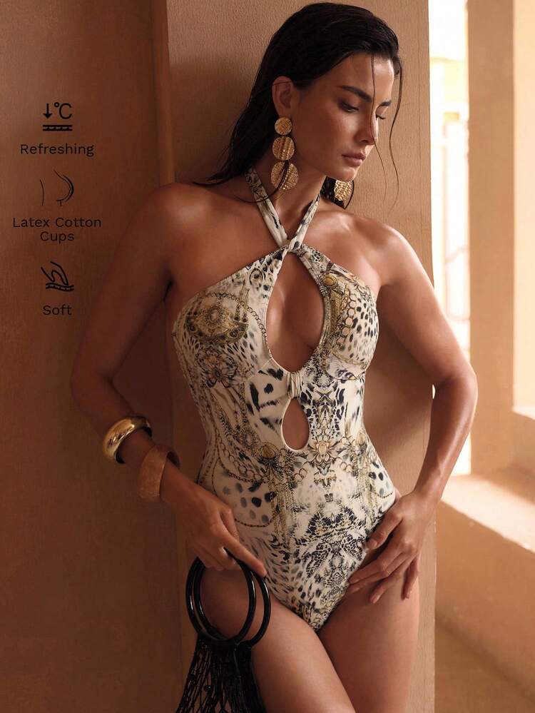 MULTI-COLOR ANIMAL LEOPARD PRINT TEXTURED HOLLOW FRONT HALTER ONE-PIECE SWIMSUIT, LUXURY RESORT WEAR