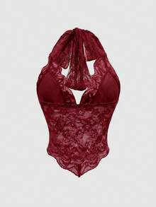 ROMWE Fairycore Women's Lace Asymmetric Hem Halter Neck Camisole - Burgundy - View 2