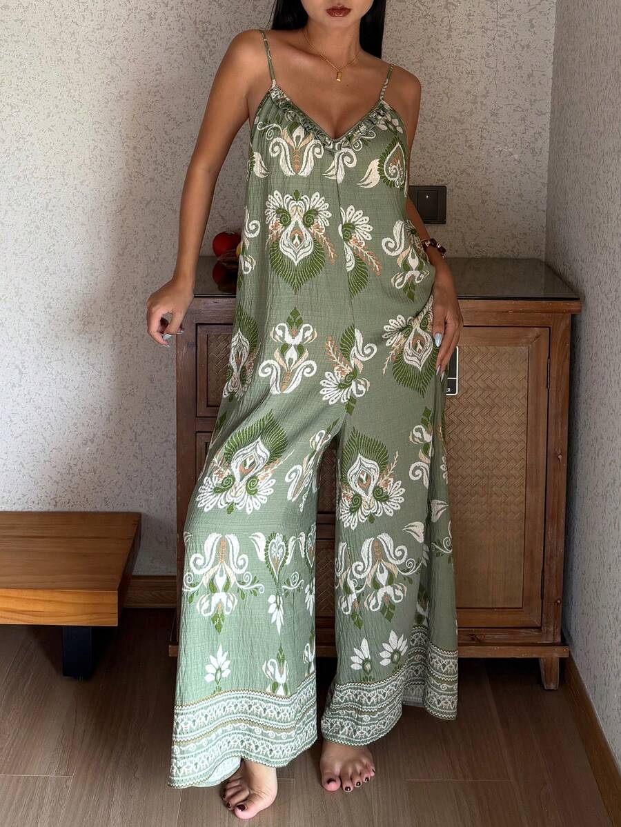 女士印花无袖阔腿连体裤，度假风 - 綠色 - 查看 1