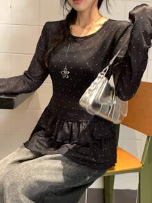 DAZY 女士休闲波点印花荷叶边下摆长袖T恤，春季 - 黑色 - 查看 5