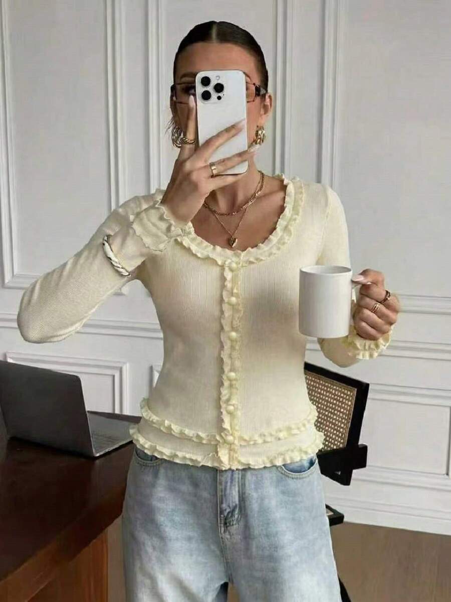 INAWLY Áo nữ ôm dáng màu trơn cổ tròn tay raglan phối bèo viền - Màu vàng ngỗng - Xem 1
