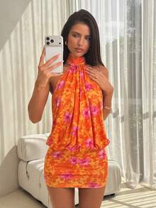 SHEIN ICON 夏季女士花朵外出性感节日派对海滩婚礼毕业乡村舞会橙色露背高领露背褶皱紧身迷你连衣裙 - 彩色 - 查看 4