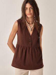 SHEIN Camiseta sin mangas casual de algodón puro con cuello en V profundo, decoración de botones y bajo empalmado, estilo retro francés, adecuada para viajes de verano y atuendos de vacaciones - Marrón - Ver 6