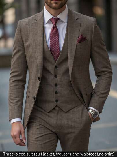 Manfinity Bizformal 男士西装 绅士简约修身单排扣商务三件套西装 男士西装外套马甲西裤套装 婚礼派对 假日旅行 香槟色