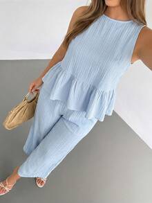 Auralis Spring/Summer Casual Comfortable Blue Textured Sleeveless Pullover Top With Ruffled Hem & Pocketed Elastic Waist Wide-Leg Pants Plus Size Two-Piece Set / Retro Preppy Back-To-School Season Outfit / Casual / Vacation / Outing / Plus Size Set / Suit Set Two Piece Casual Sets Outfits Women Set Summer Coords For Women Summer Outfit Buissness Casual Women Two Piece - Blue - View 1