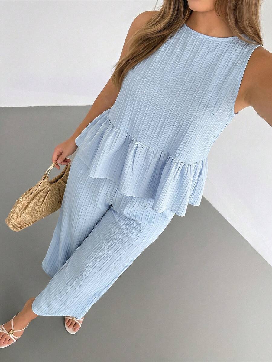 Auralis Spring/Summer Casual Comfortable Blue Textured Sleeveless Pullover Top With Ruffled Hem & Pocketed Elastic Waist Wide-Leg Pants Plus Size Two-Piece Set / Retro Preppy Back-To-School Season Outfit / Casual / Vacation / Outing / Plus Size Set / Suit Set Two Piece Casual Sets Outfits Women Set Summer Coords For Women Summer Outfit Buissness Casual Women Two Piece - Blue - View 1