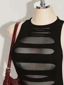 SHEIN ICON 2000 夏季女士外出黑色夜店哥特风露背纯色交叉露背休闲迷你连衣裙 - 黑色 - 查看 5