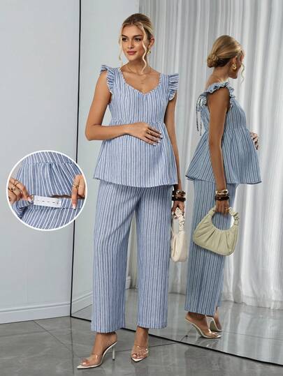SHEIN Summer Solid Color Striped Set, Casual Drawstring Vest And Loose Solid Color Casual Pants, Maternity 2 Pieces Set