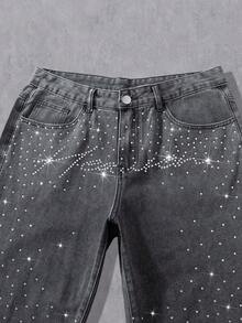 Manfinity Denimwave Quần jeans ống rộng dáng suông thời trang đường phố dành cho nam, đính đá lấp lánh, không kèm thắt lưng. - Xám - Xem 4